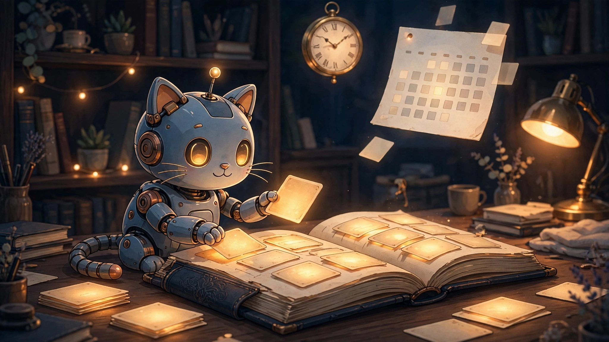 A small robot cat filing glowing note cards into a large memory book beside a calendar and clock