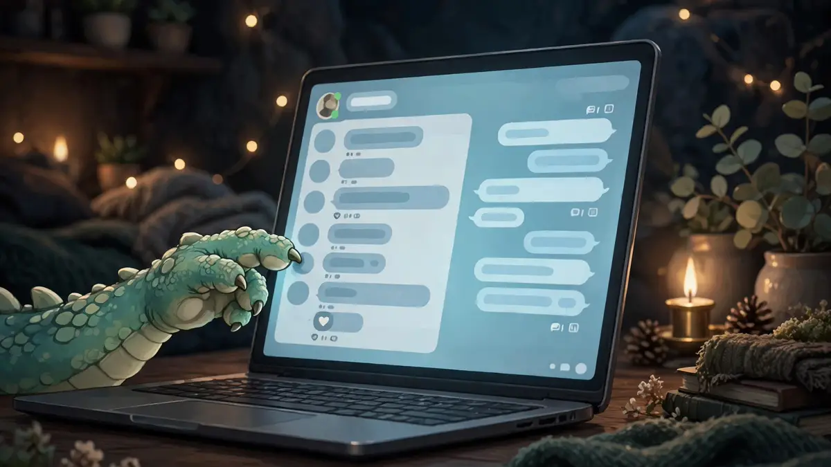 A dragon’s paw on a laptop showing a chat — nanoMuse’s Hands driving an app through the screen
