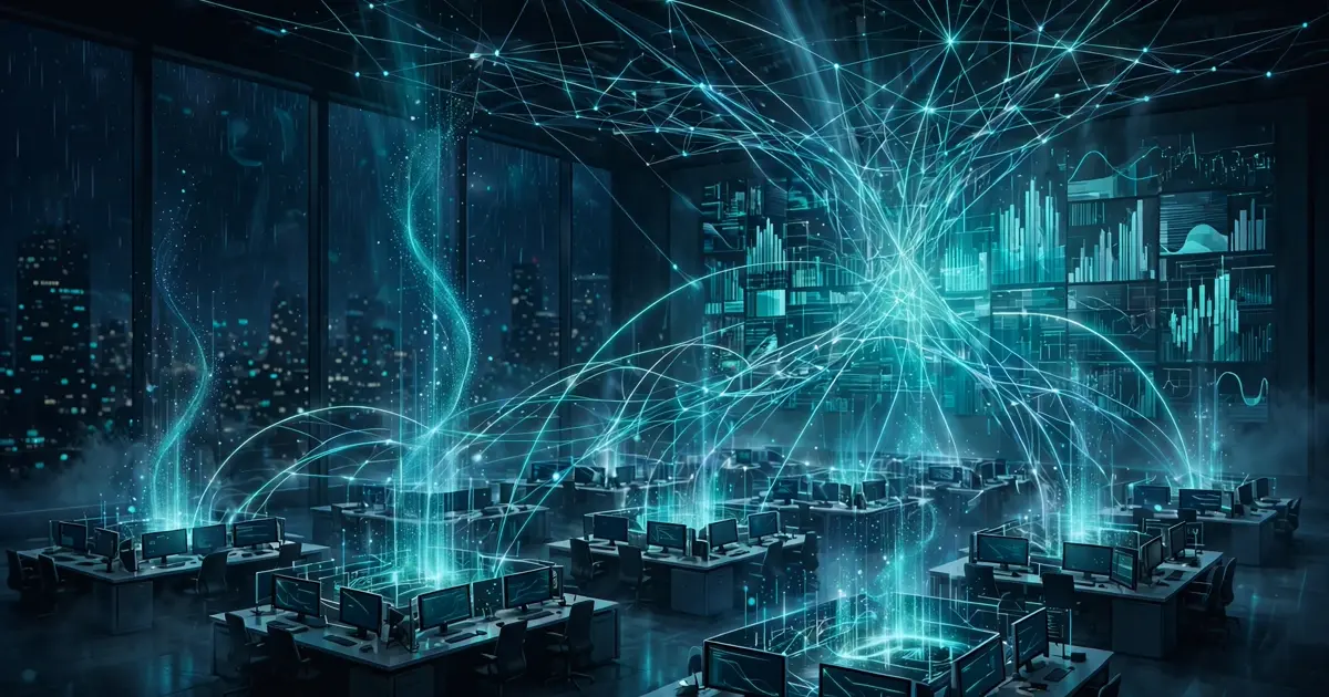 Editorial illustration: a capital-markets trading floor at night with glowing data streams rising from desks, connected by luminous AI agent network arcs converging on a ticker wall