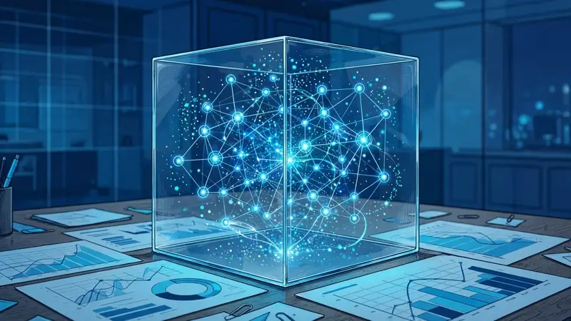 Editorial illustration: a translucent glass containment cube holding a glowing network of AI agent nodes above abstract charts, evoking sandboxed governed agents