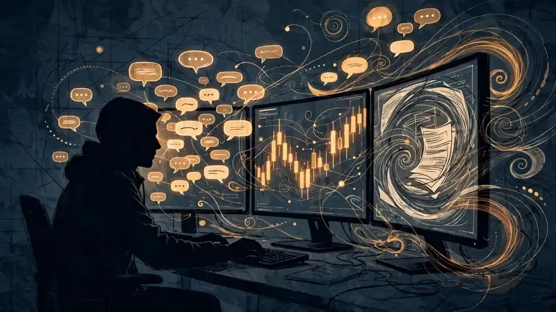 Editorial illustration: a silhouetted analyst at a trading terminal whose screens show an abstract conversational AI interface with chat bubbles, candlestick charts and document lines