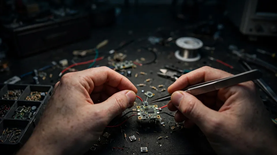 First-person view of human hands assembling delicate electronics on a workbench