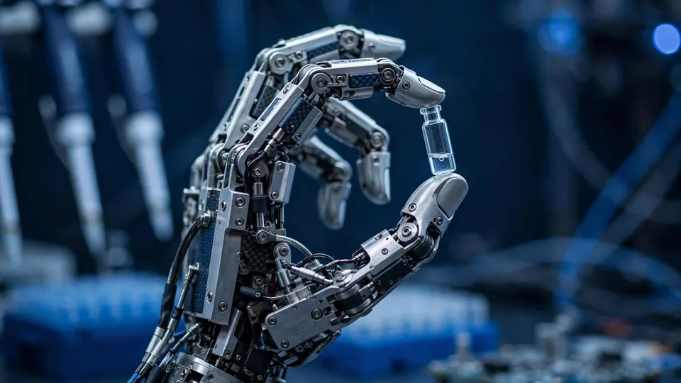 A robotic hand delicately holding a tiny glass vial between thumb and forefinger