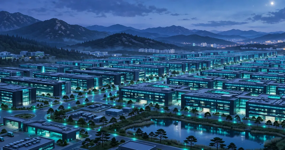 A modern AI data center campus glowing at dusk