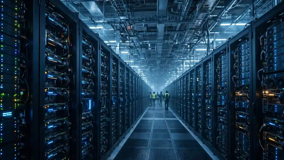 Rows of GPU server racks inside a vast data center hall