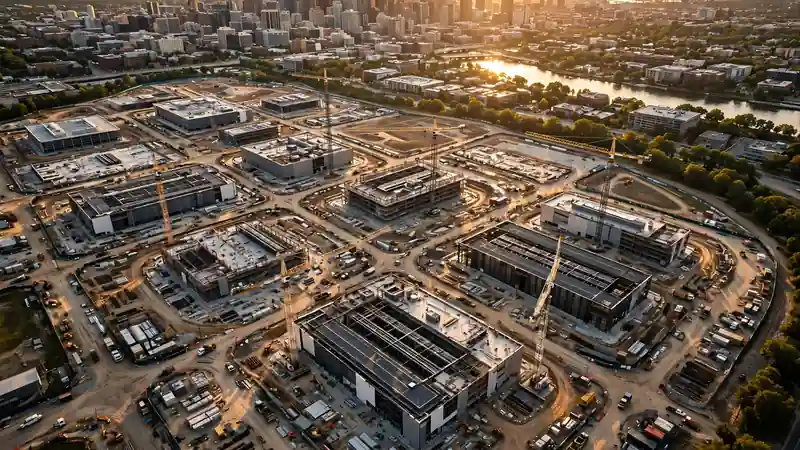 Aerial view of a data center campus under construction at golden hour