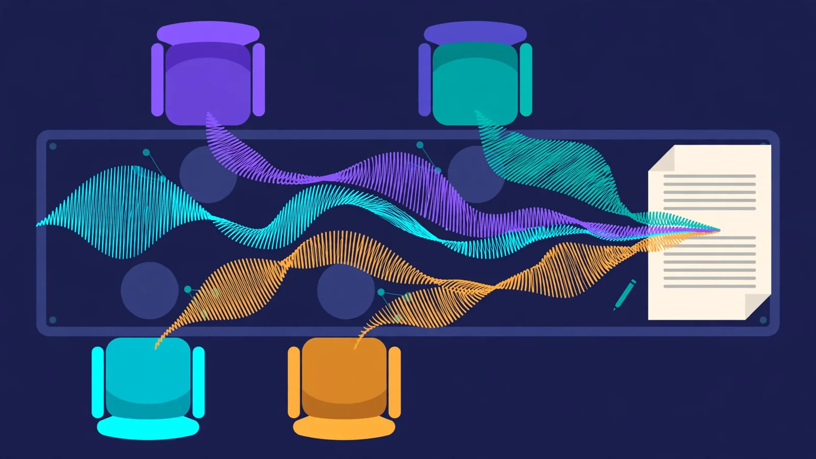 Four speakers around a table whose coloured sound waves flow into a single transcript document