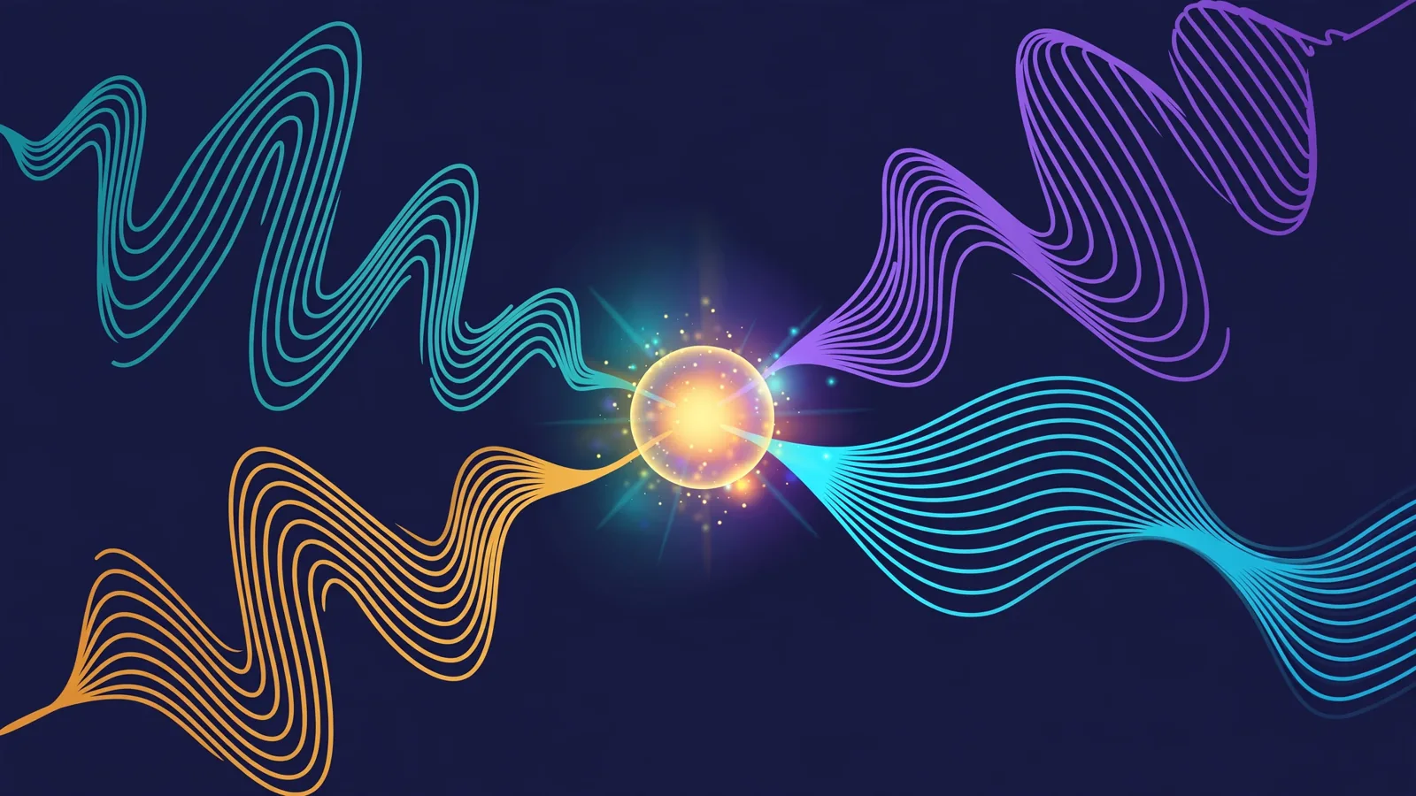 Sound waves in several colours converging into one glowing node and flowing out as a single clear wave
