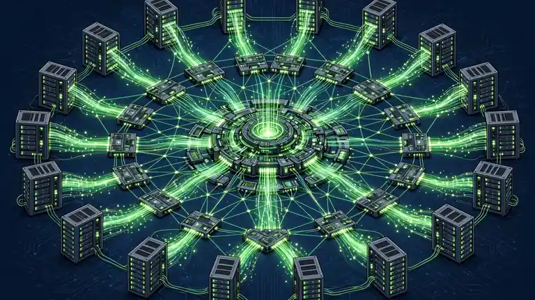 An AI datacenter cluster fabric: a central orchestration hub sending configuration streams of light to a mesh of switches and GPU server racks
