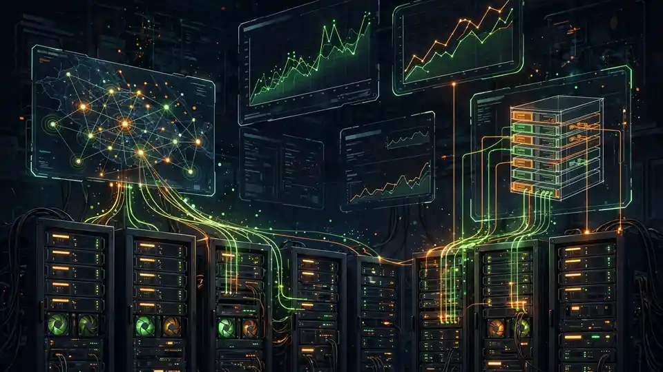 Dark observability dashboard panels with network traffic graphs and rack diagrams floating above server racks, live infrastructure context mapped to metrics