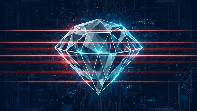 A geometric crystal resembling the Ethereum diamond being scanned by red security beams.