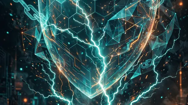A smartphone emitting lightning bolts with a holographic shield above it.