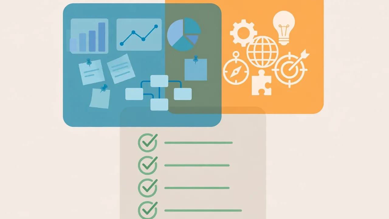 Illustration of two knowledge panels merging into a checklist for an ERP implementation