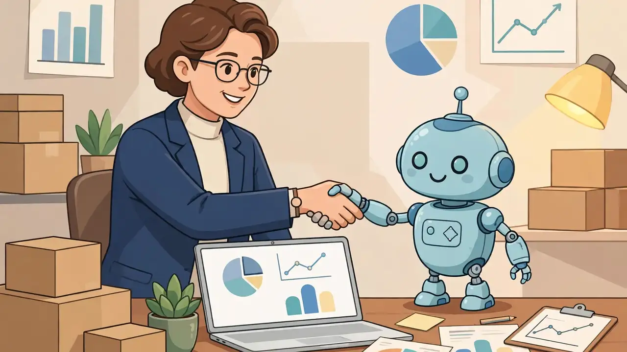 Illustration of a consultant and an AI assistant shaking hands over a finance dashboard