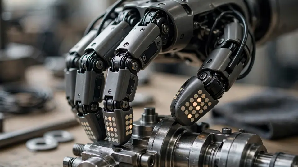 A humanoid robot's sensor-equipped hand touching an industrial component