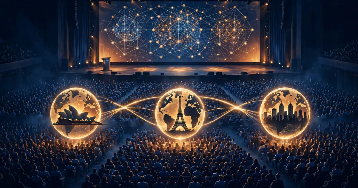 Editorial illustration: an ML research conference auditorium with a neural-network lattice on the main screen, and three glowing globes — Sydney, Paris, Atlanta — linked by light arcs above the audience