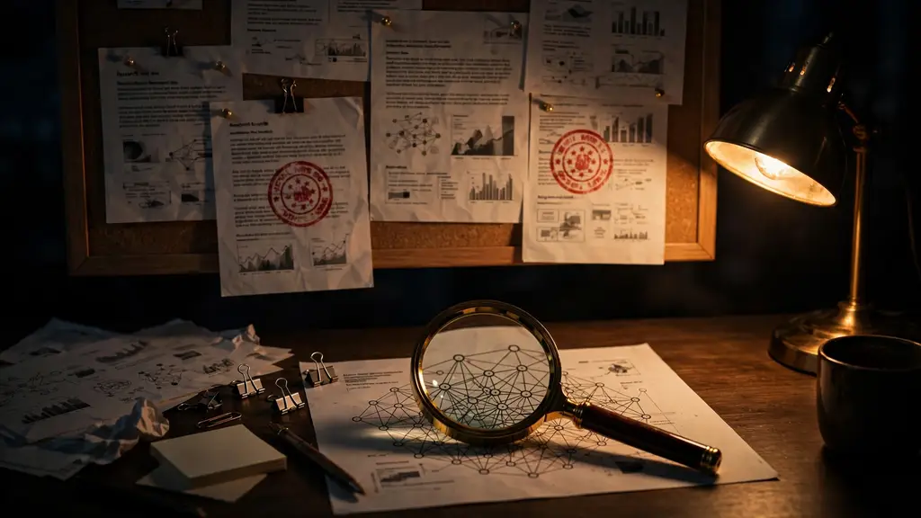 Editorial illustration: a reviewer's desk at night with pinned research paper abstracts, acceptance stamps, and a magnifying glass over a neural-network diagram