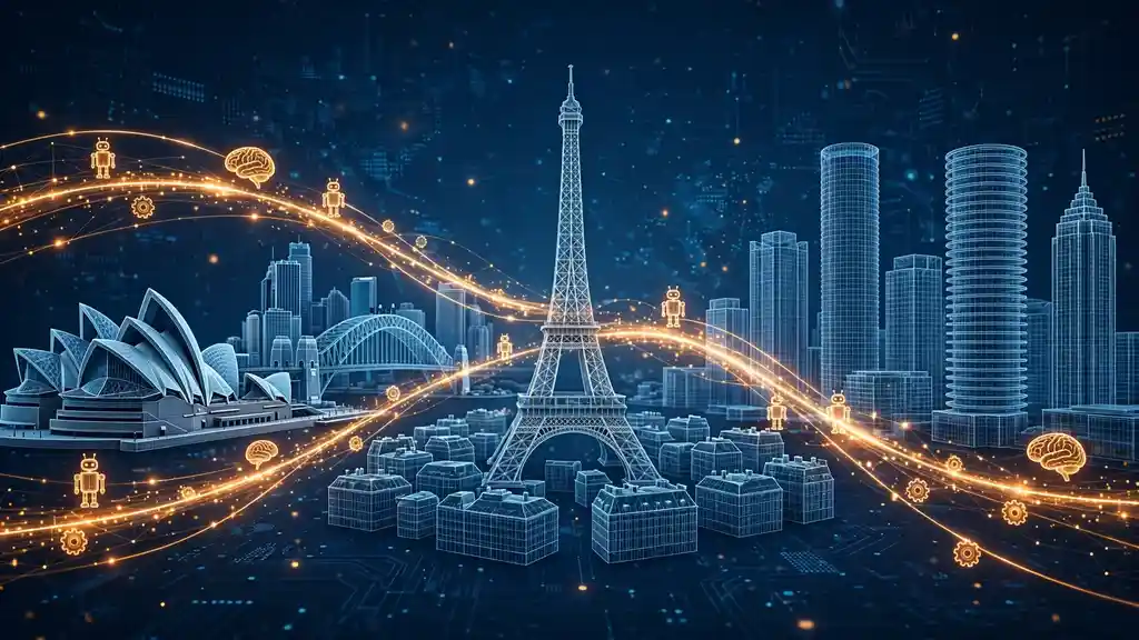 Editorial illustration: three wireframe city skylines — Sydney, Paris, Atlanta — connected by luminous data streams carrying brain, robot, and gear icons