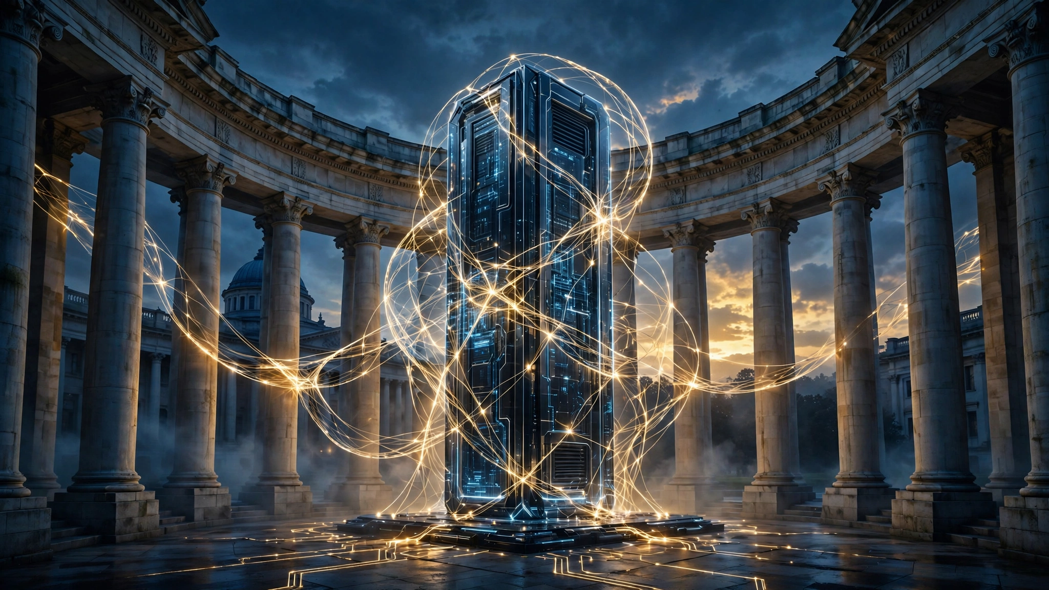 A futuristic AI data center wrapped in strands of light, framed by the stone columns of a government capitol at dusk