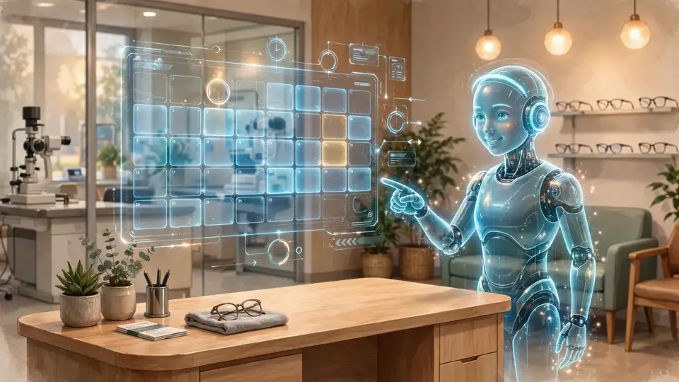 An AI agent hologram helping schedule an eye exam at a modern eye clinic reception desk.