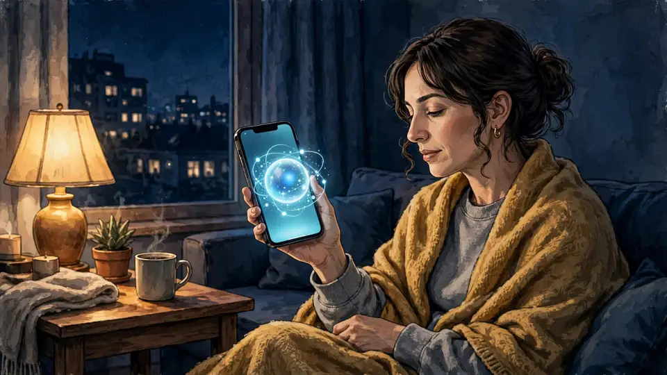 A patient at home at night booking a doctor's appointment through an AI assistant on a smartphone.