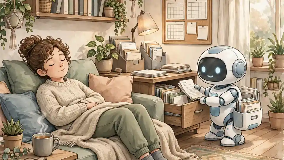 Illustration of a householder relaxing while an AI assistant files household paperwork