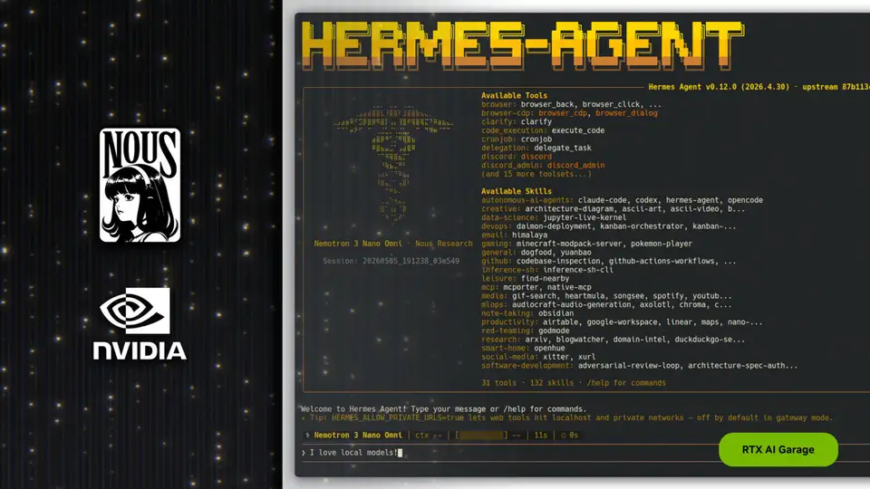 NVIDIA RTX AI Garage showcase of the Hermes agent running on a GeForce RTX PC.