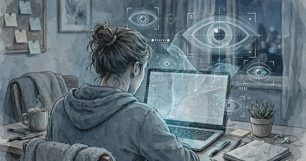 Illustration of a data annotator at a laptop under surveillance overlays