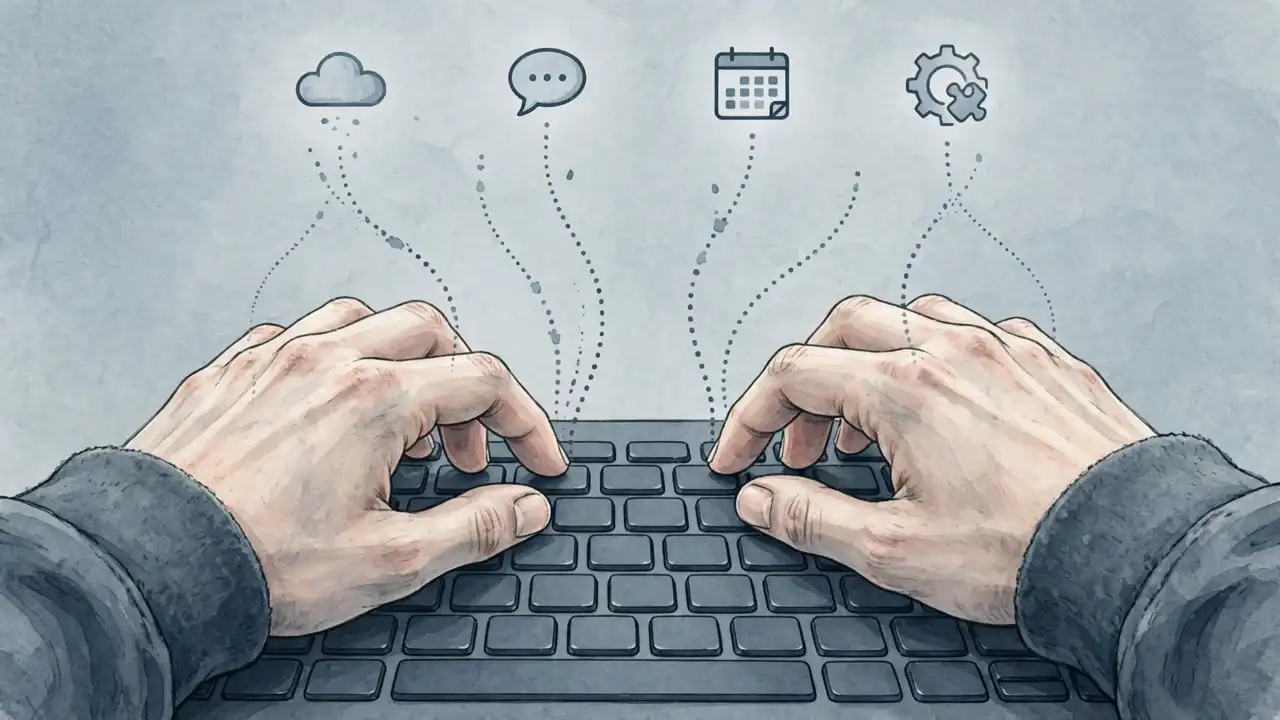 Illustration of keystrokes leaving dotted trails toward third-party app icons