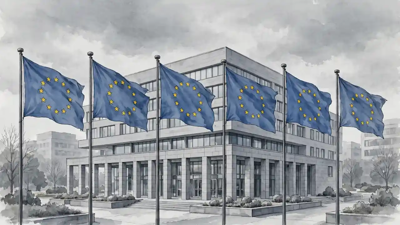 Illustration of European Union flags in front of a courthouse