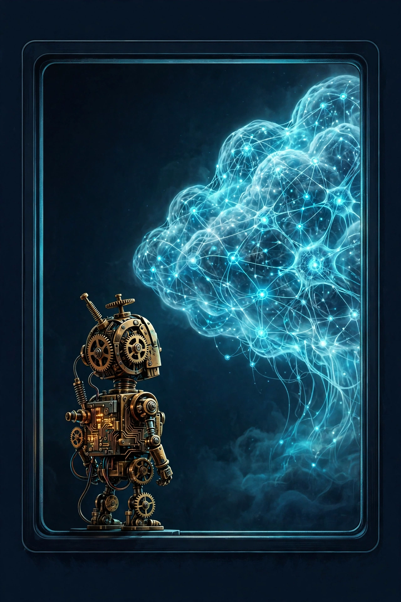 A small clockwork robot made of brass gears inside a terminal window, facing a giant glowing neural-network cloud that it pointedly ignores, on a dark navy background