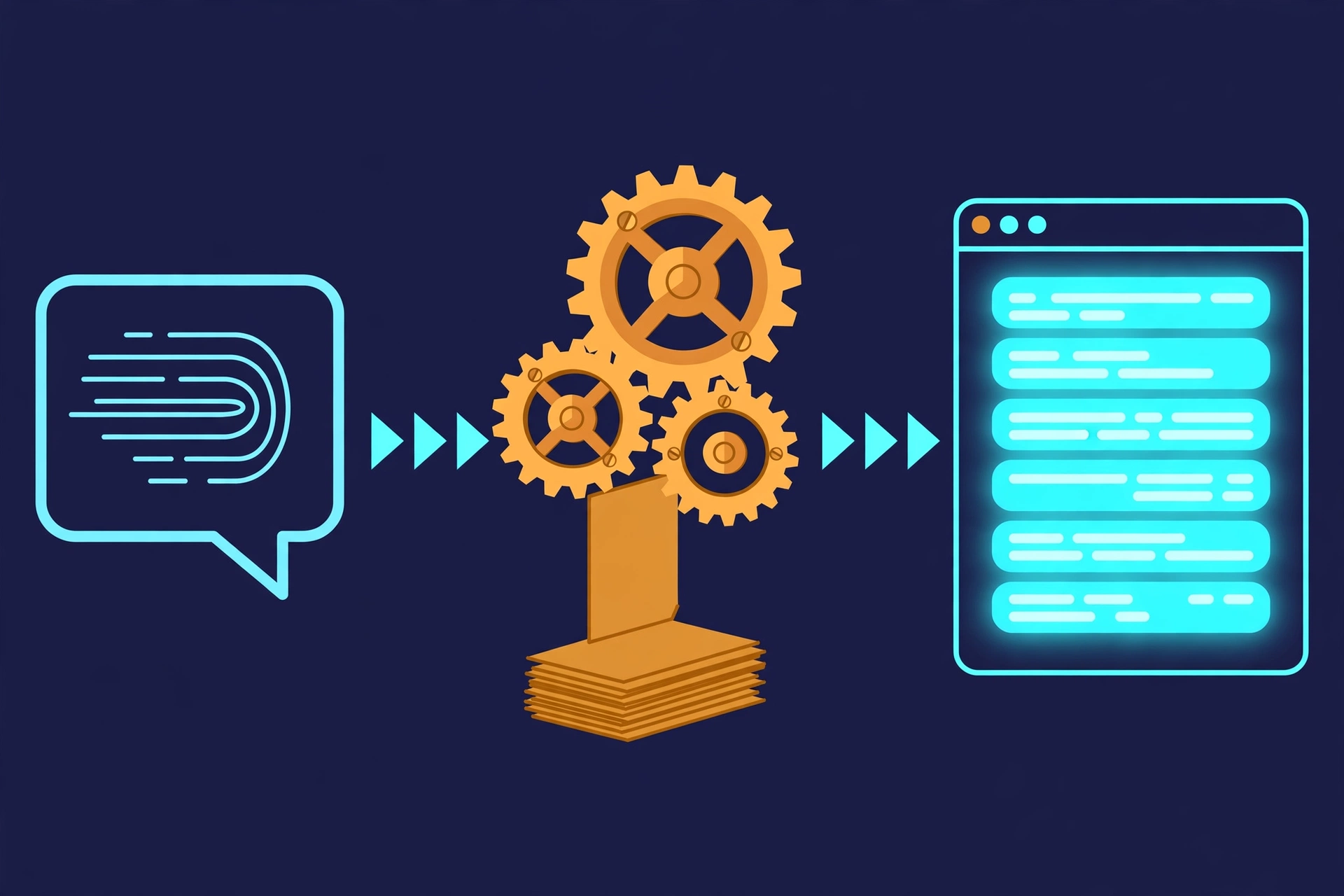 Diagram: a user query flows into interlocking brass gears representing deterministic intent matching, fed by a stack of dataset cards, and a glowing response flows out into a terminal window