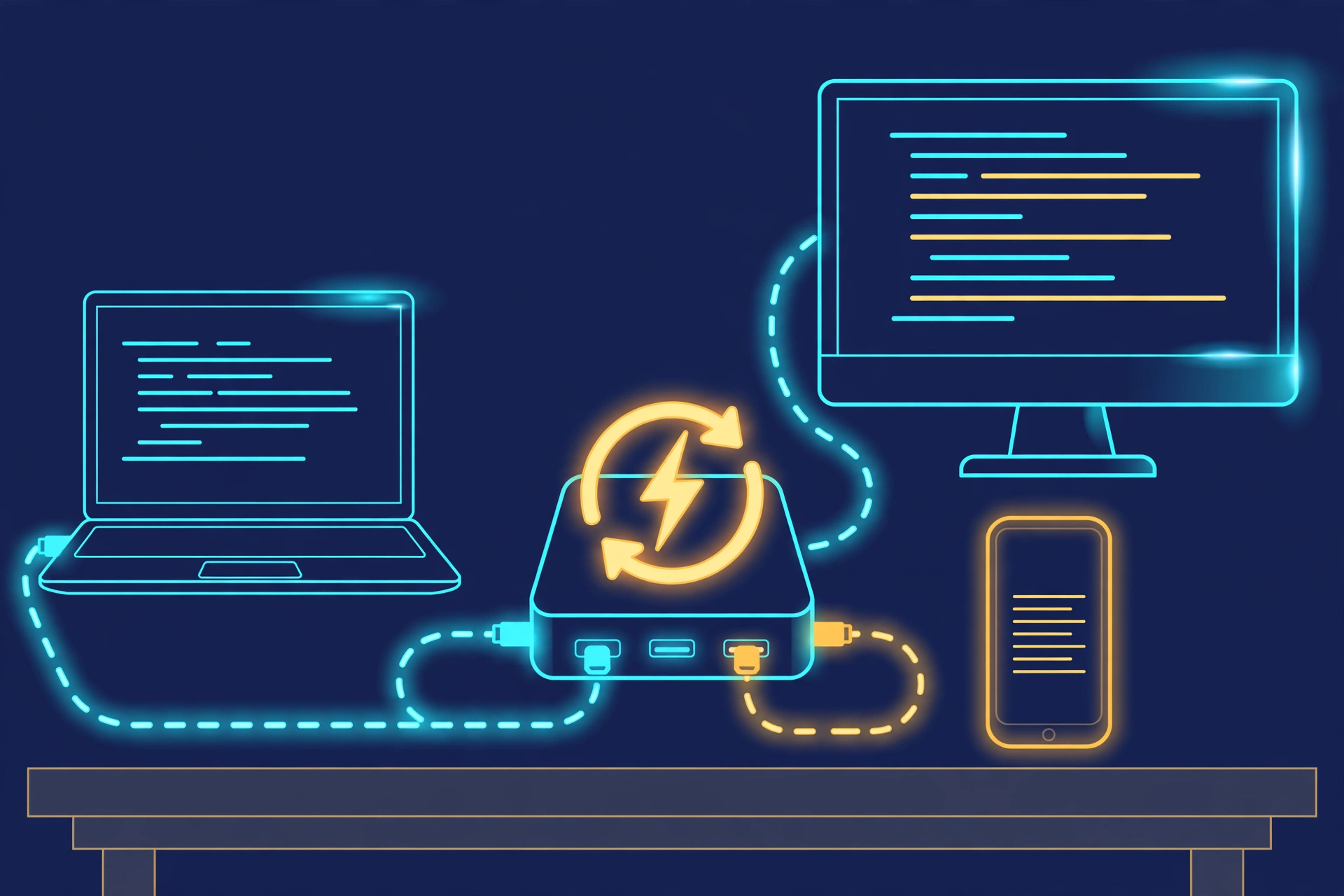 Diagram: a small local computer with a lightning bolt serves API requests from a laptop, a desktop monitor, and a phone, replacing a remote cloud