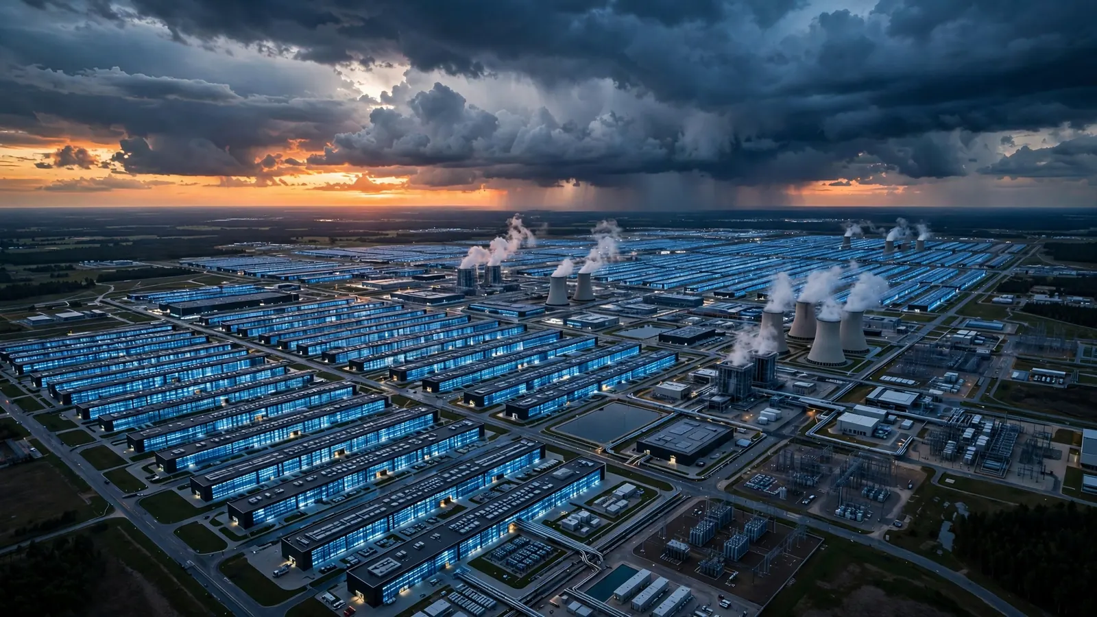 Aerial view of a vast AI data center campus at dusk, with rows of glowing server buildings and cooling towers under a dramatic sky