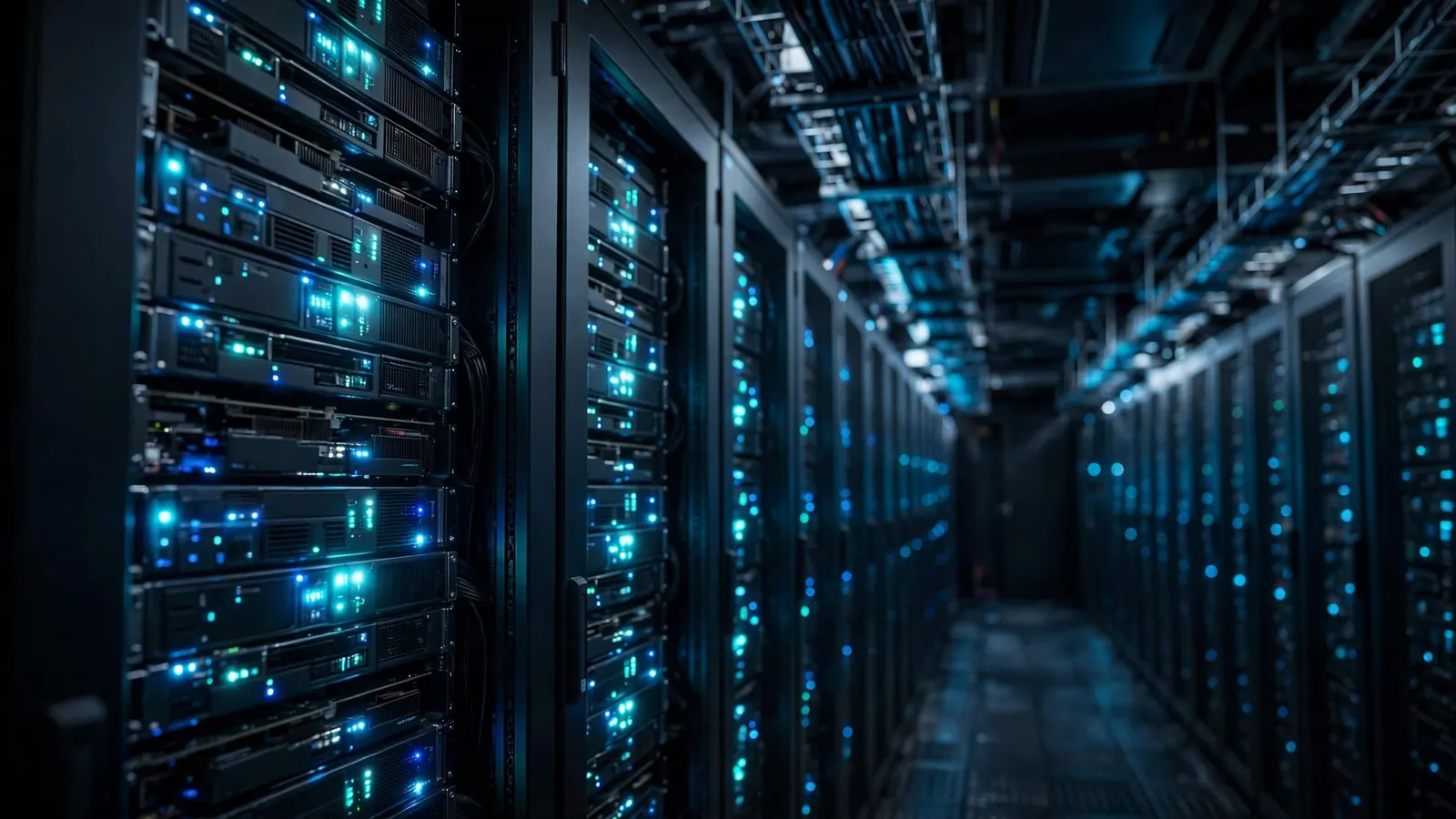 Rows of GPU server racks with glowing blue lights inside a dark AI data hall