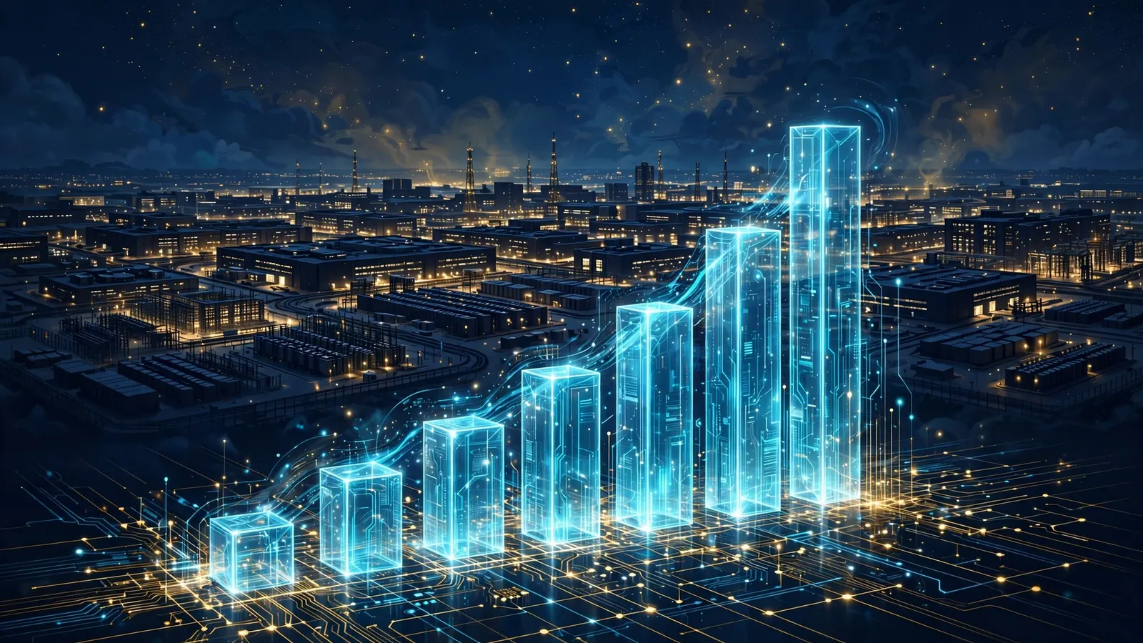 A rising glowing bar chart over a night-time data center campus, symbolizing billions in infrastructure capital