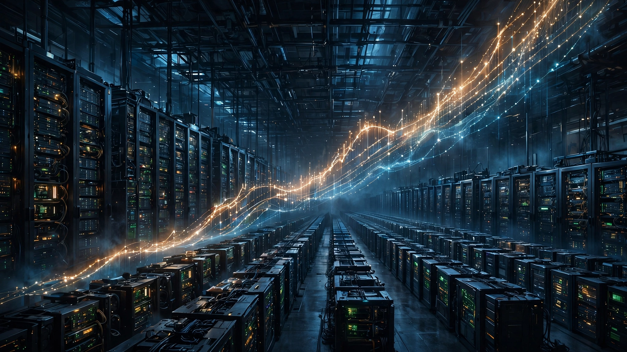Editorial illustration of a vast data center hall with server racks and rising glowing lines suggesting a climbing stock chart