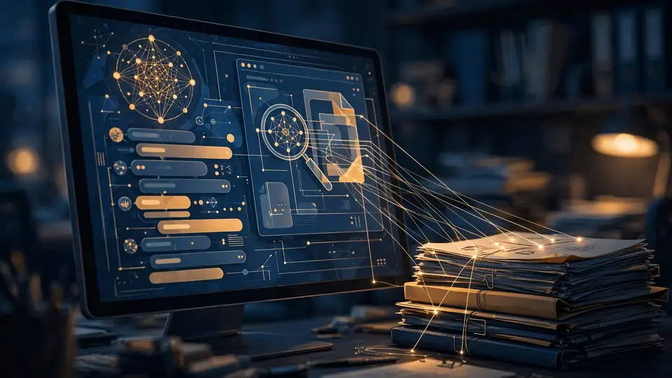 Illustration of an AI assistant interrogating case documents, with lines tracing citations back to source pages.