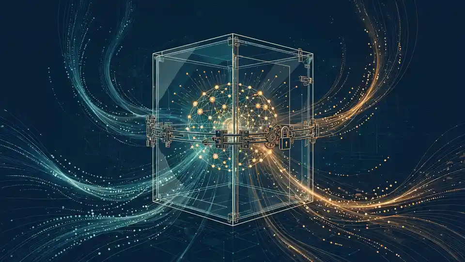 Illustration of a glass vault with a lock surrounding data streams and a neural network, representing AI governance and auditability.