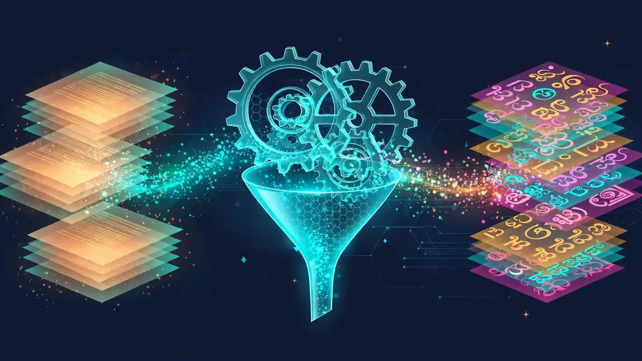 Abstract visualization of the four-stage Indic synthetic-data pipeline, from English documents to multilingual script outputs