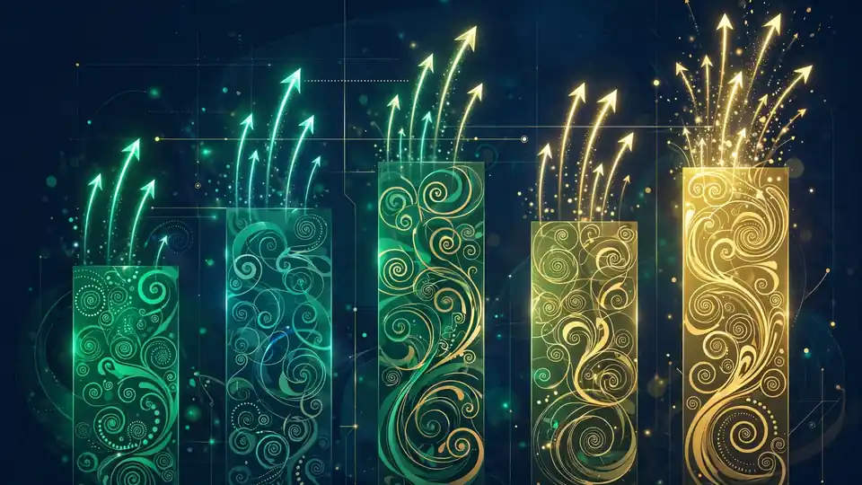Abstract visualization of rising benchmark bars filled with Indic script characters
