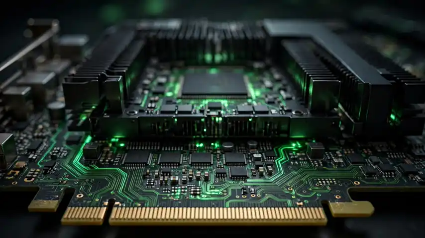 A datacenter AI accelerator card with glowing circuitry