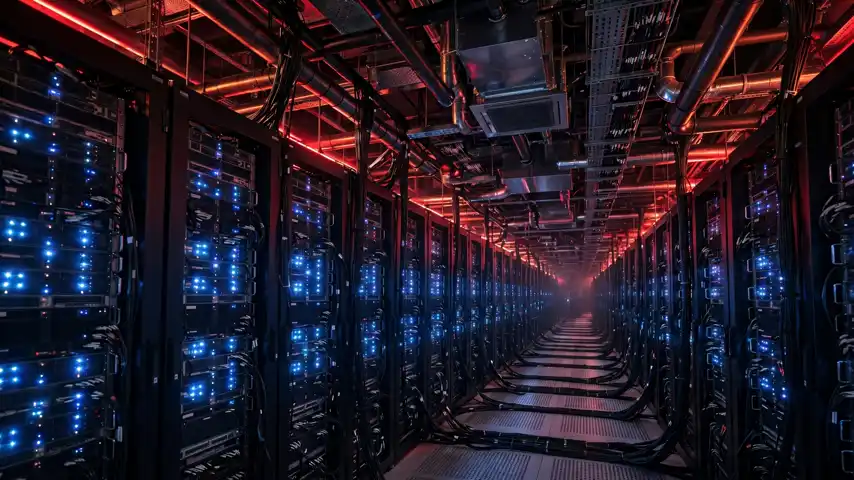 Rows of server racks inside a modern datacenter
