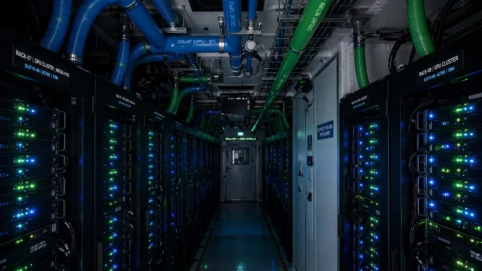 Illustration of a containerized AI data center interior with GPU racks and liquid cooling