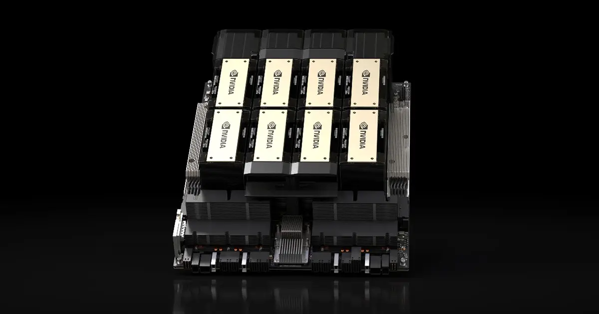 An NVIDIA H200 Tensor Core GPU module, eight chips on a board