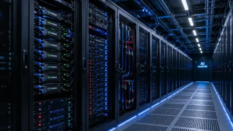 A corridor of GPU server racks in an AI data center cluster