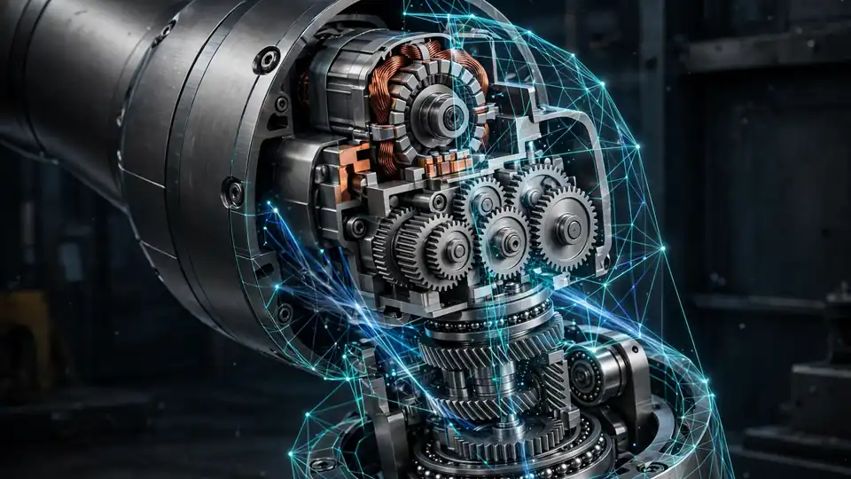 Cutaway view of a humanoid robot joint actuator with precision gears and a glowing digital wireframe overlay