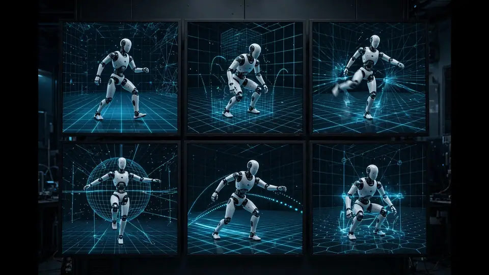 A grid of simulation screens showing a humanoid robot practicing movements in a virtual physics environment