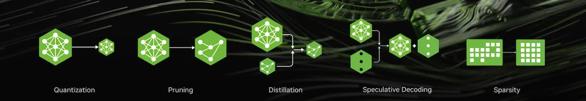Official NVIDIA Model-Optimizer diagram showing its five optimization techniques: quantization, pruning, distillation, speculative decoding, and sparsity