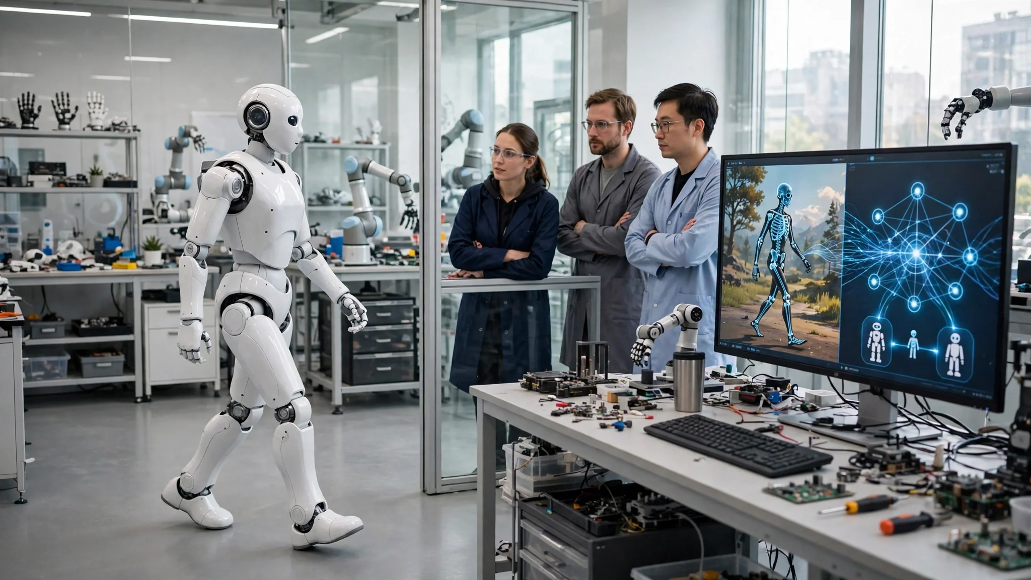 A white humanoid robot walking in a bright robotics lab while engineers watch